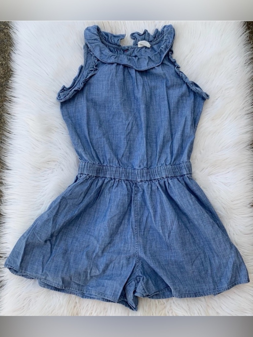 Crewcuts Light Blue Chambray Ruffle Neck Romper Size 12